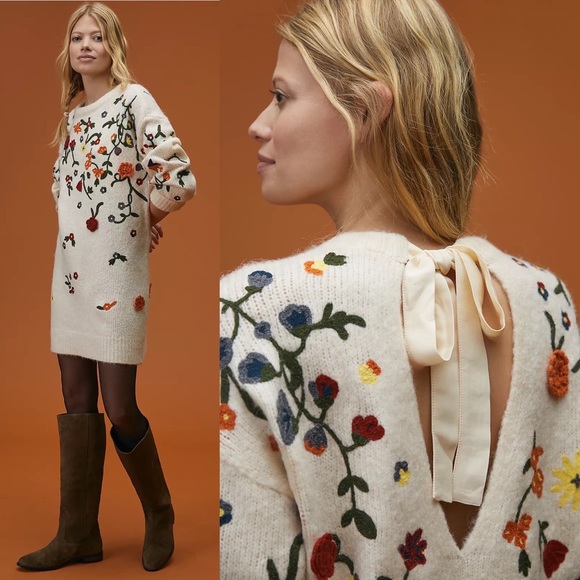 NWT Anthropologie Floral Appliqued Sweater Tunic Dress - Picture 2 of 16